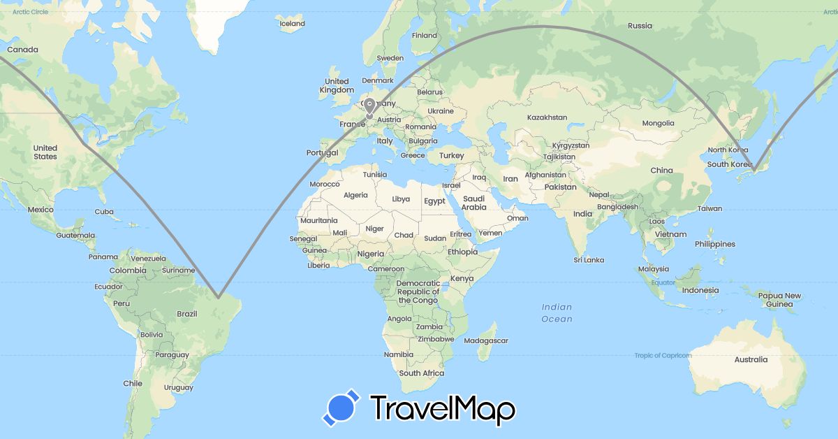 TravelMap itinerary: driving, plane in Brazil, France, Japan, United States (Asia, Europe, North America, South America)